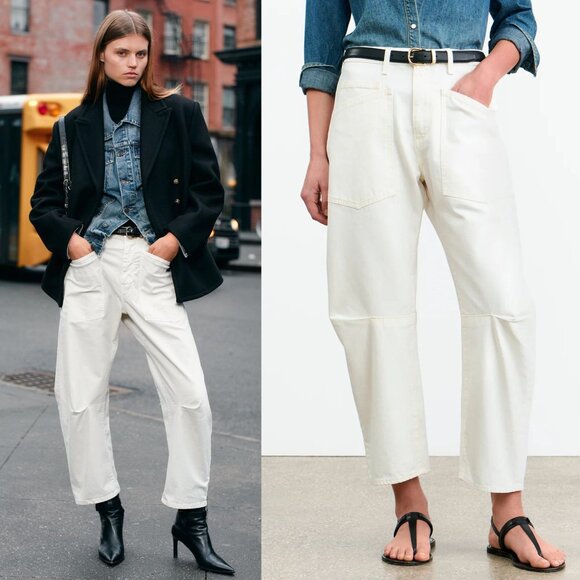 Nili Lotan Shon Jean Cream Denim Barrel Leg Tapered Crop Mid Rise Cotton Size 30 - Picture 2 of 15